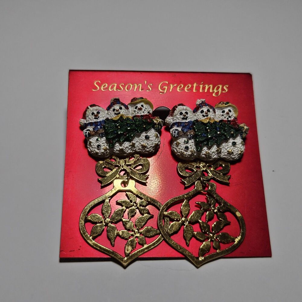 Gold Tone Christmas Ornament And Snowman Trio Earring Set